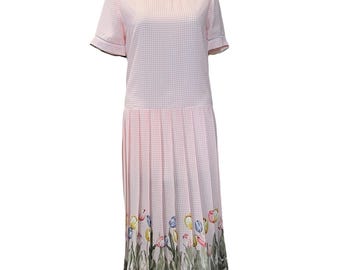 Vestido largo plisado con estampado floral de cuadros vichy rosas de VTG, 12, modesto, para fiesta de Pascua en el jardín, EE. UU.