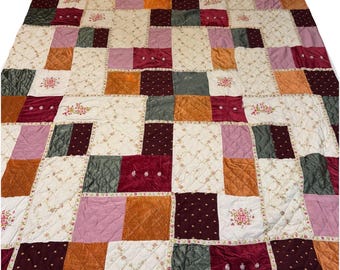 Vintage Handmade Patchwork Quilt 84"x95" Multicolor Velvet Romantic Satin Lace