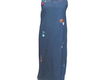 Vtg Denim Embroidered Jumper Dress L Midi Cottagecore Prairie Boho Appliqué