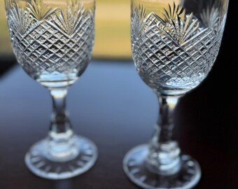 Vintage Diamond & Fan Water Small Goblet Wine Glasses ~ Set of 2 ~ Brilliant