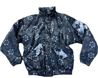 Chaqueta/abrigo negro vintage NILS Skiwear para mujer, talla 8, con hombreras y estampado floral