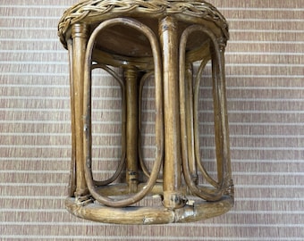 VTG rattan wicker stool plant stand 12" Round Bamboo Mid Century