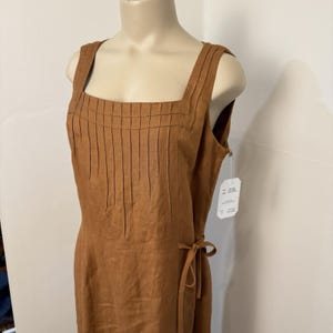 VTG Adrianna Papell Linen Blend Dress Size 12 Pintuck Pleated Camel Tan Milkmaid image 3