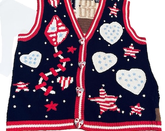 VTG Eagle's Eye 4th of July Sweater Vest Women's S Petite Patriotic Grandmacore