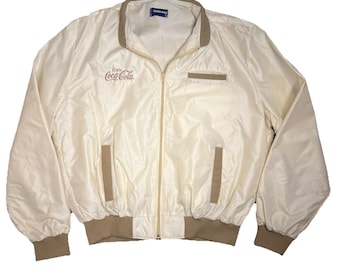 Chaqueta bomber vintage de Coca-Cola para hombre, talla XL, con cremallera completa, fabricada en EE. UU. en los años 80, color crema y marrón.