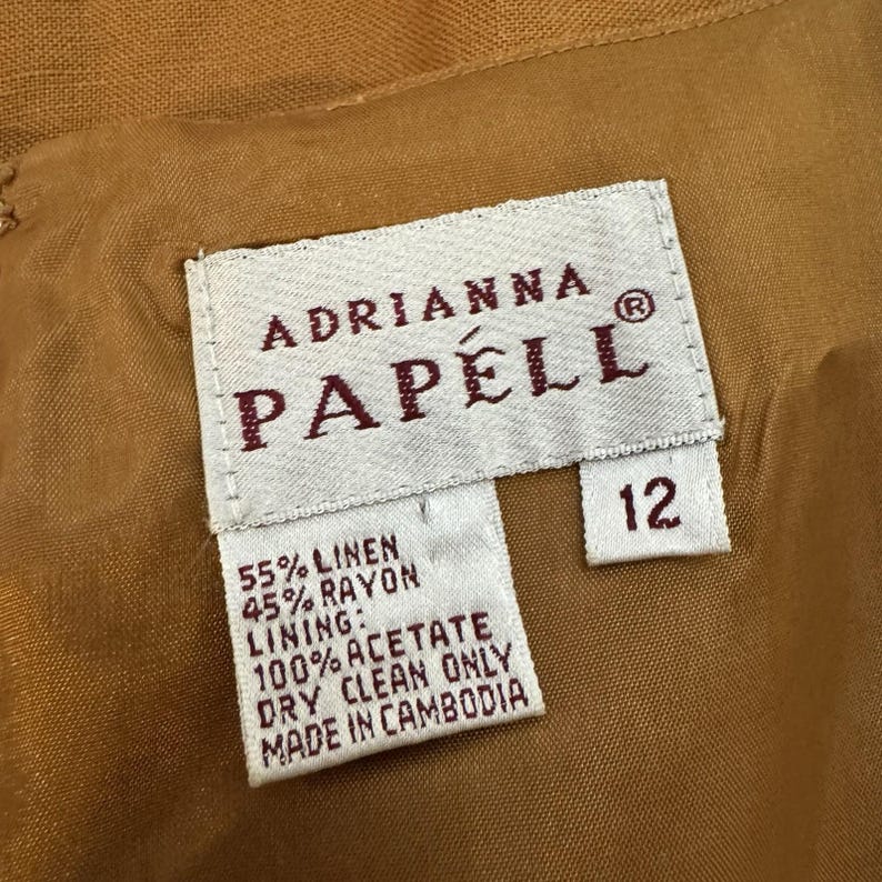 VTG Adrianna Papell Linen Blend Dress Size 12 Pintuck Pleated Camel Tan Milkmaid image 7