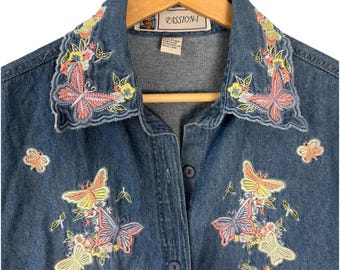 Camisa vaquera vintage bordada con mariposa para mujer, talla M, estilo rústico, manga corta.
