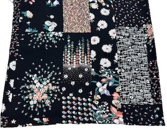 Rayon Challis Fabric Scarf USA 42"×41" Floral Patchwork Look Black Background