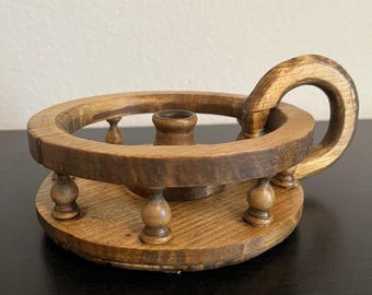 Vintage Handcrafted Wooden Chamberstick Candlestick Holder Finger Loop Handle
