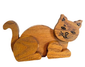 VTG Wooden Folk Art Kitty Cat Hand Painted Handmade Country Farmhouse Decor