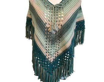Vintage Handmade Crochet Poncho Fringe Boho Retro Hippie Festival Granny Core