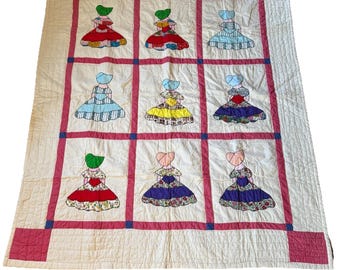 Vintage Handmade Quilt Sunbonnet Sue Southern Belle 71" x 83" Rose Red Sashing