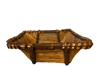 Cesta cuadrada de bambú vintage con asas, dos tonos, MCM, aproximadamente 23 cm