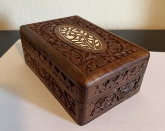 VTG Wooden Jewelry Trinket Box Floral Carved Shesham Wood Inlay Rosewood MCM