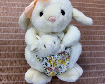 Vtg Chosun Cordero de peluche Animal de peluche Mamá y bebé Bolsa floral Oveja Juego de simulación