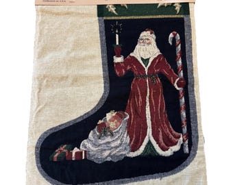 Vintage USA Christmas Old World Santa Stocking Jacquard Tapestry Panel NEW