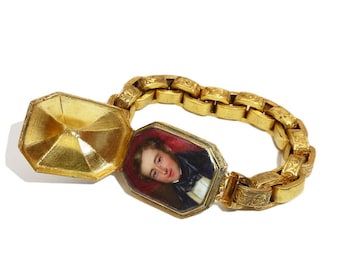 Rare Georgian Pinchbeck Locket Bracelet With Watercolour Portrait Of A Gentleman