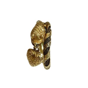 Rare Georgian Snake Heart Dangle Mourning Ring Engraved M.J.  With Hair