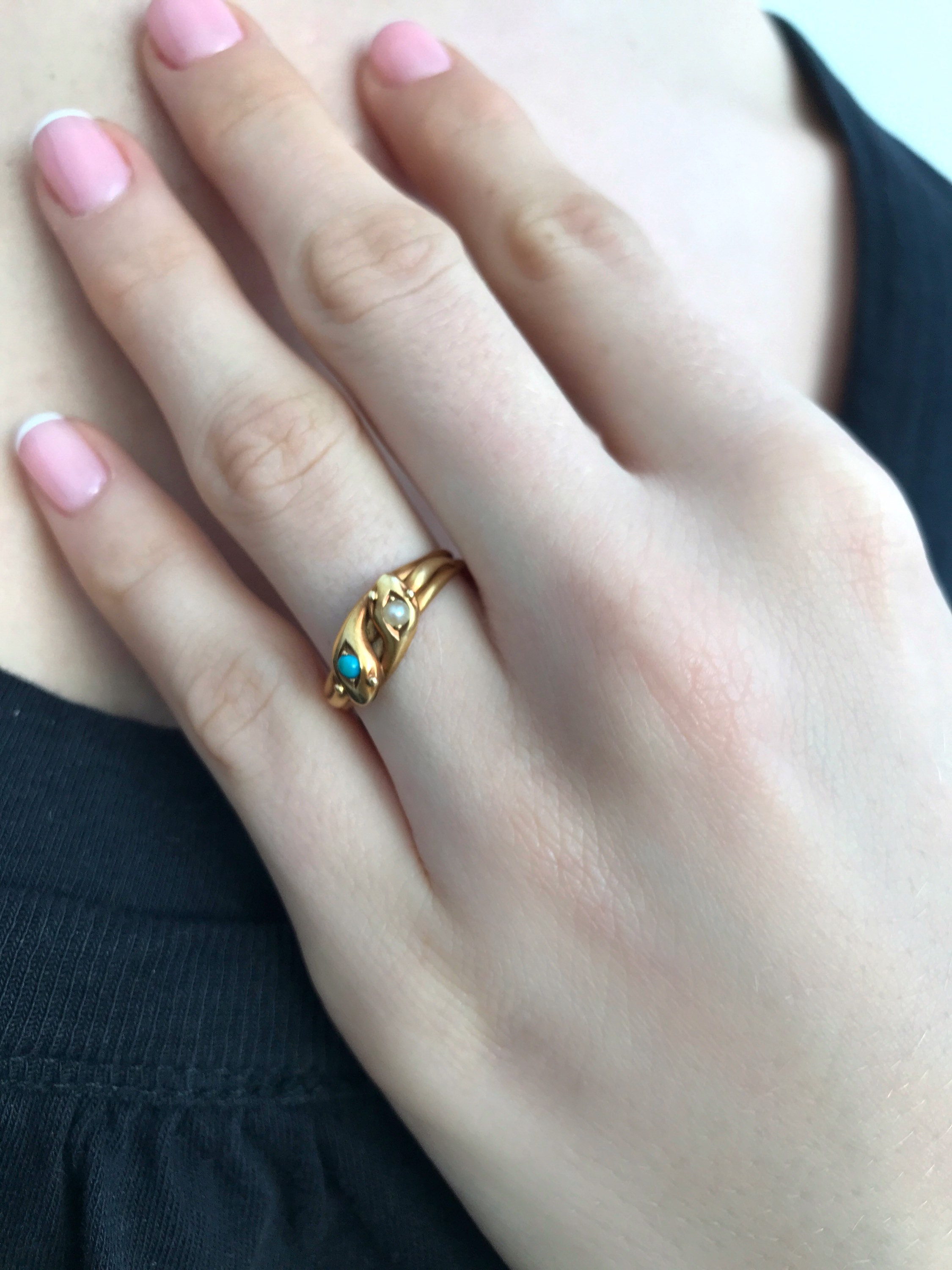 Skinny Double Snake Ring With Pearl and Turquoise