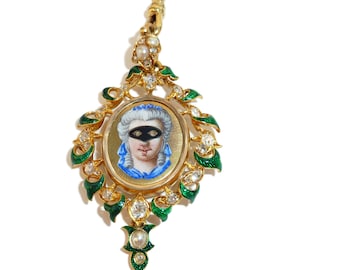 Victorian 18 Carat Gold, Enamel And Diamond Masked Lady Locket Back Pendant