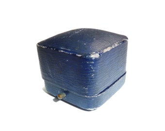 Antique Blue Leather Ring Box With Blue Velvet Lining