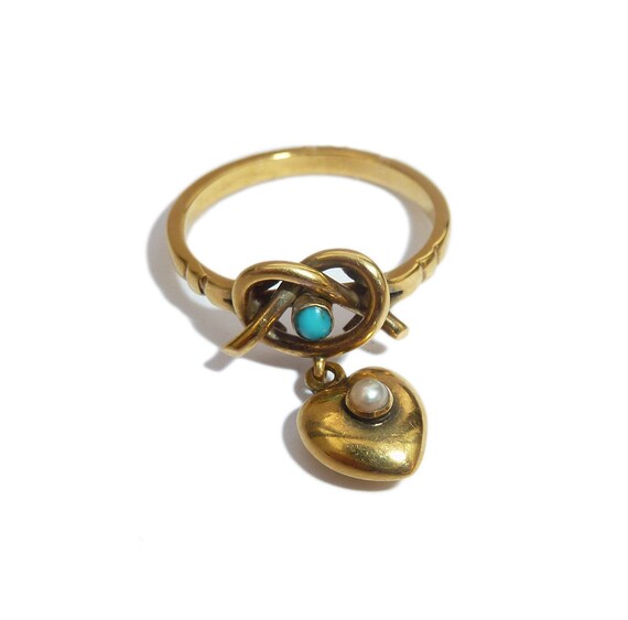 Victorian Turquoise And Pearl Heart Dangle Ring Wi