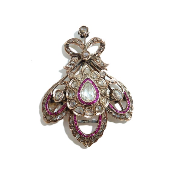 Edwardian Rose Cut Diamond And Ruby Pendant or Br… - image 3