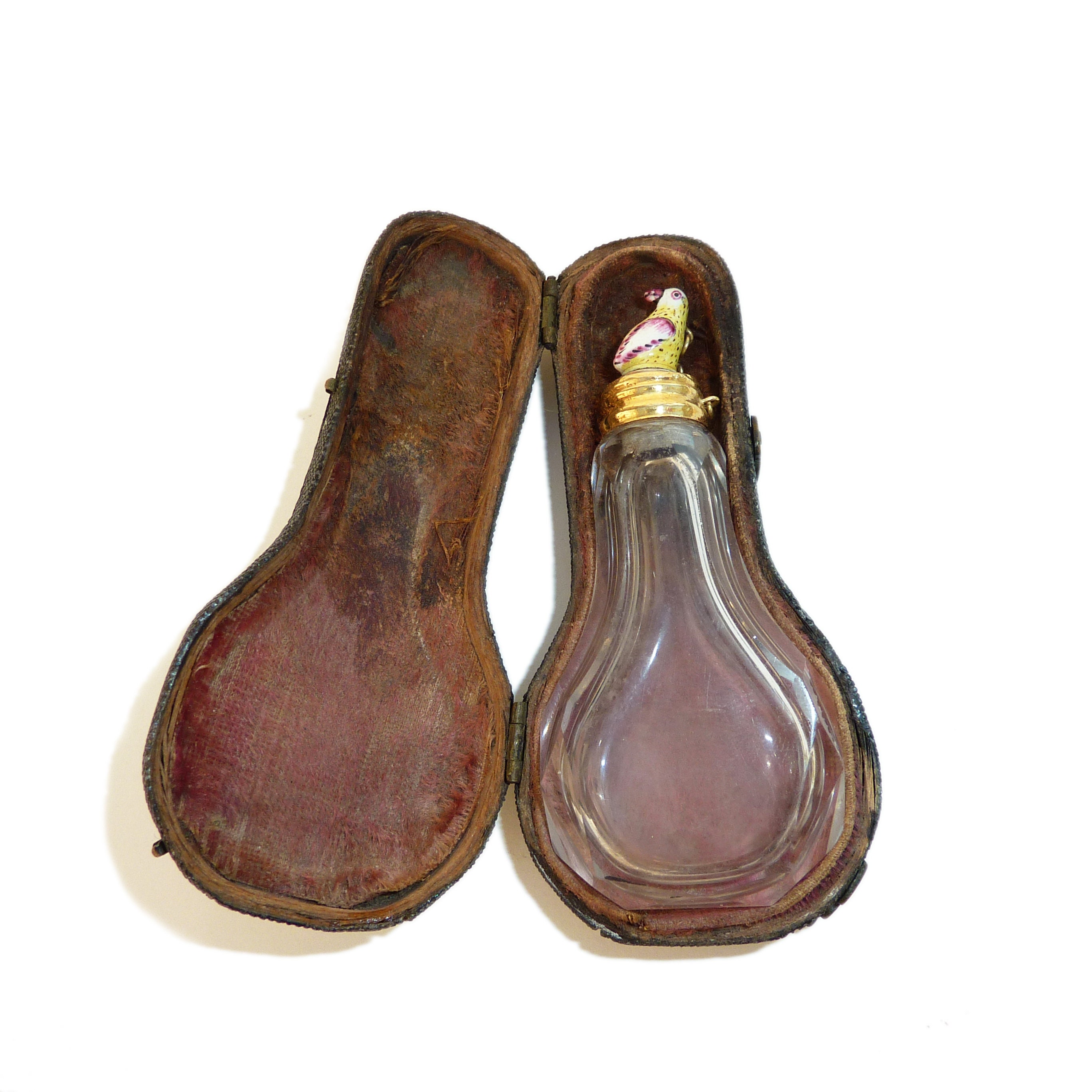Image of Rare Antique Crystal Bilston Scent Bottle in Shagreen Case With Bird Stopper Circa 1765