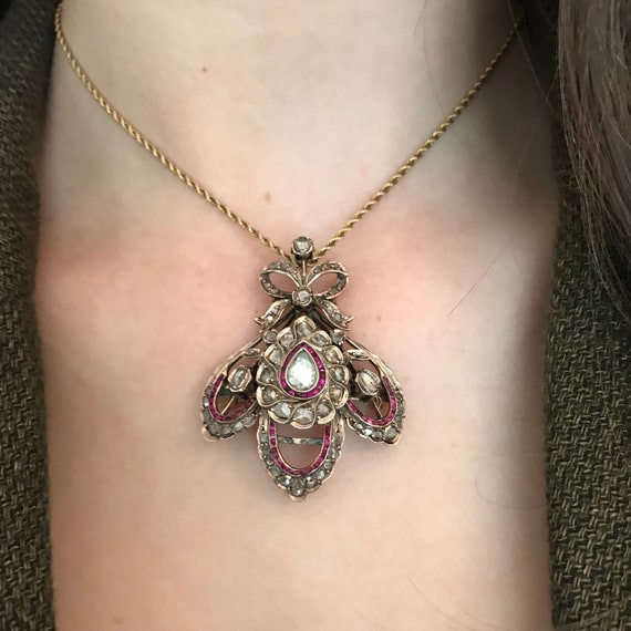 Edwardian Rose Cut Diamond And Ruby Pendant or Br… - image 2