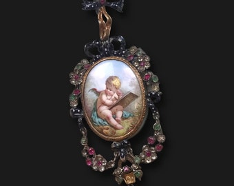 Wonderful 19th Century French Enamel  And Gemstone Cherub Pendant