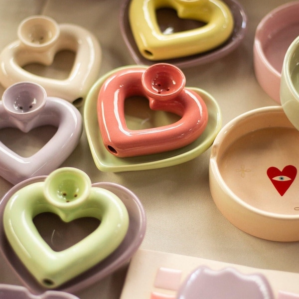 Valentine’s Heart Pipe + Heart Trinket Dish Set - Choose Your Color ! - Handmade Smoking  Love Pipe