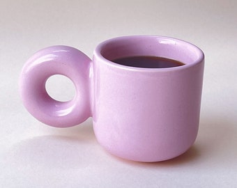 Handmade Soft Pink Donut Handle Clay Mug - 8 oz Ceramic Modern Mugs, Aesthetic Tiktok Mug for Coffee and Tea Lovers