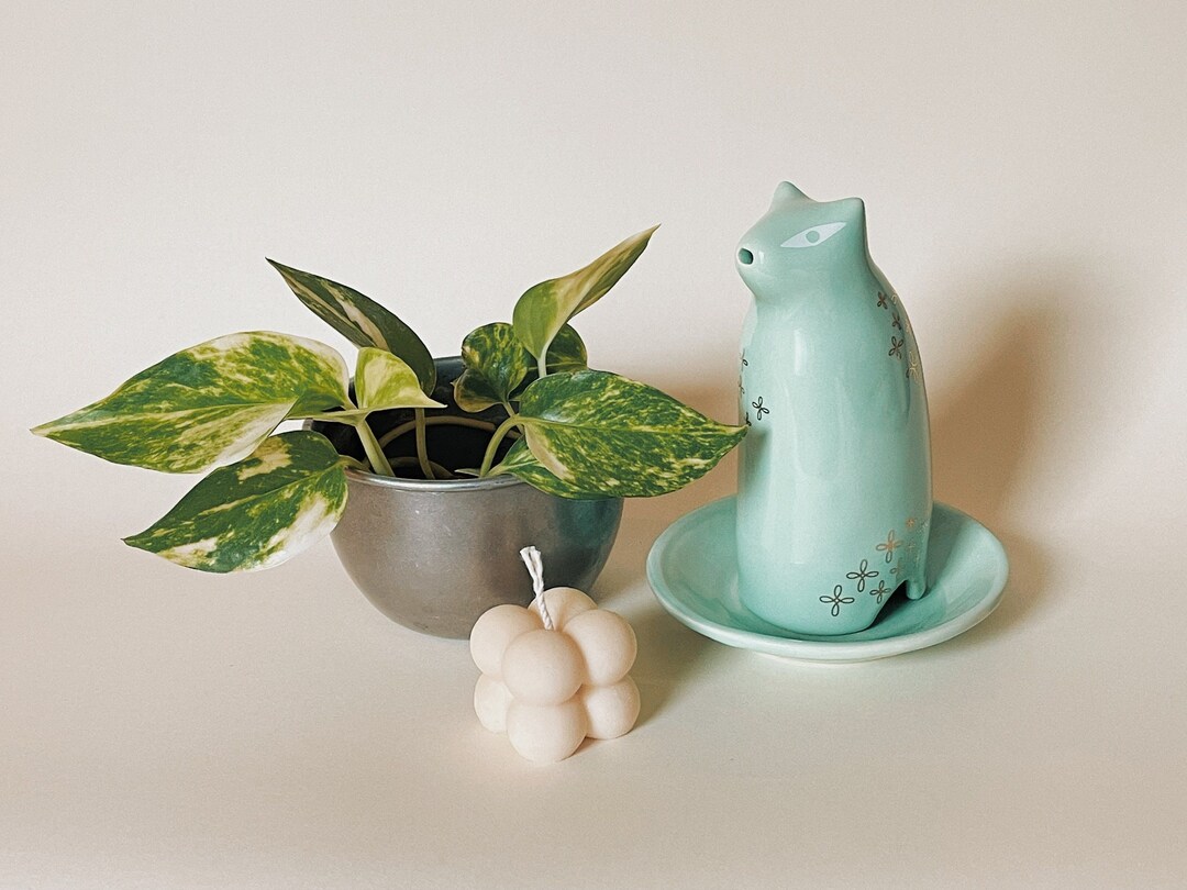 Ceramic Cat Cone Incense Holder Set, Jade Green Handmade Incense Burner ...