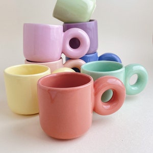 Choose Your Color ! Chunky Handle Clay Mug -  Handmade 8 oz. Coffee Aesthetic Design - Ceramic Modern Mugs Danish Pastel