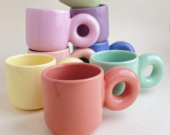 Choose Your Color ! Chunky Handle Clay Mug -  Handmade 8 oz. Coffee Aesthetic Design - Ceramic Modern Mugs Danish Pastel