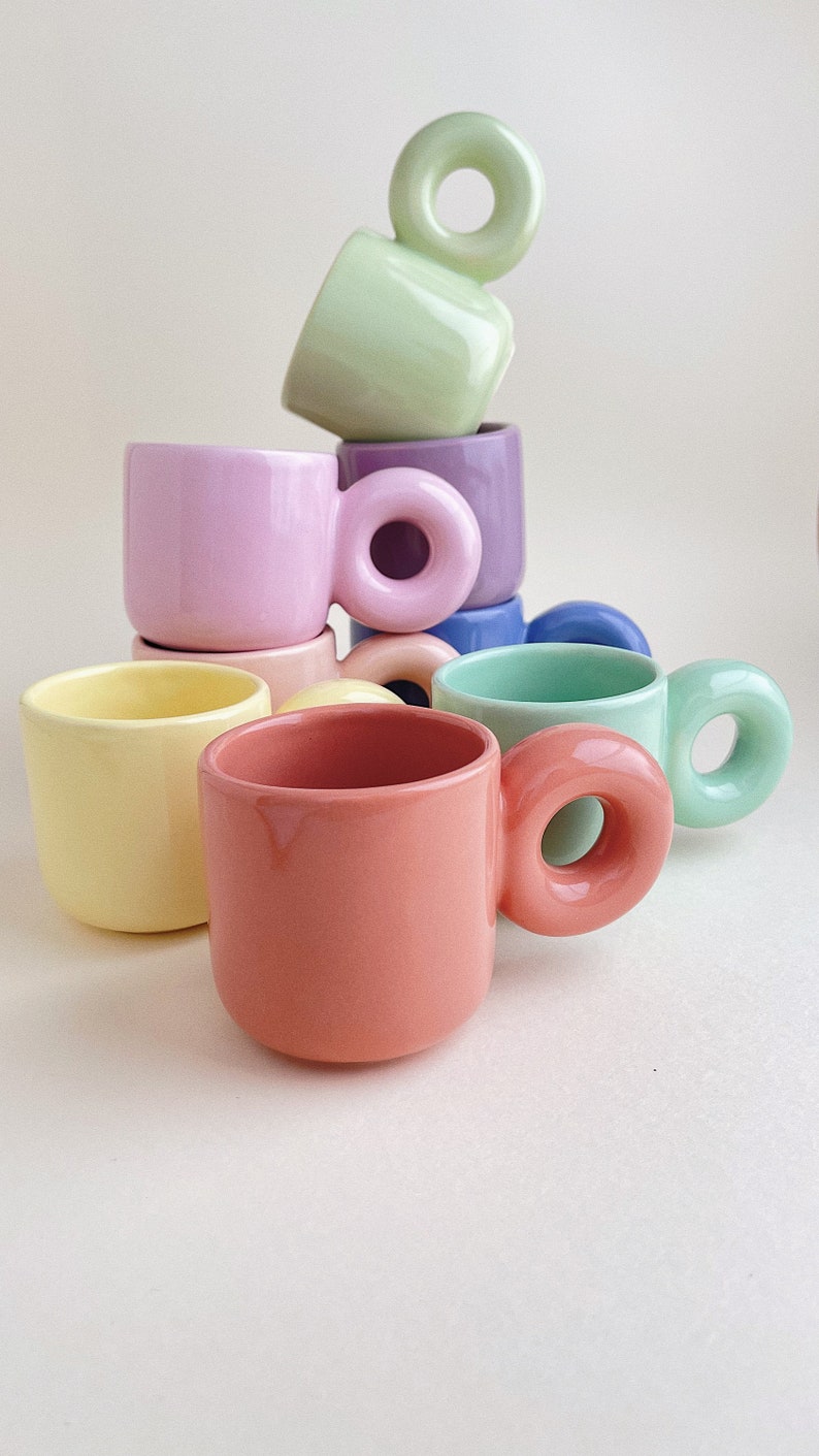 Choose Your Color Chunky Handle Clay Mug Handmade 8 oz. Coffee Aesthetic Design Ceramic Modern Mugs Danish Pastel image 1