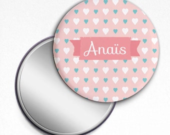 Pocket mirror Pink Hearts gift 58 mm personalized (name)