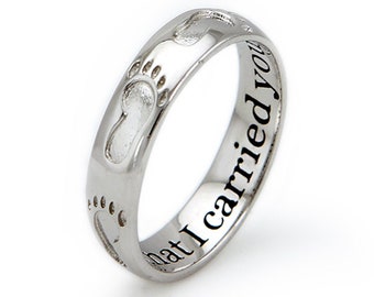 Fußabdrücke Ring | 925 Sterling Silber Religiöse Fußabdrücke im Sand Glaube Zierliches Minimalistisches Schlichtes Vorgraviertes Comfort Fit Band