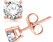 Rose Gold Round Cut Earrings 925 Sterling Silver Cubic Zirconia CZ Circle Minimalist Classic Solitaire Stud Butterfly Push Back Pair 2-9mm