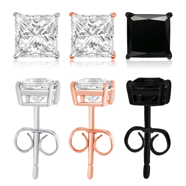 Princess Cut Earrings | 925 Sterling Silver Square CZ Cubic Zirconia Gem Butterfly Push Back Stud ~ Silver | Black | Rose Gold ~ 3mm - 10mm