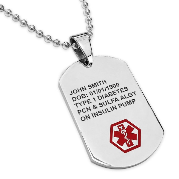 Medical Alert Dog Tag | Free Custom Personalized Engraving Jewelry Emergency Contact SOS Medic ID Name Pendant Necklace Keychain
