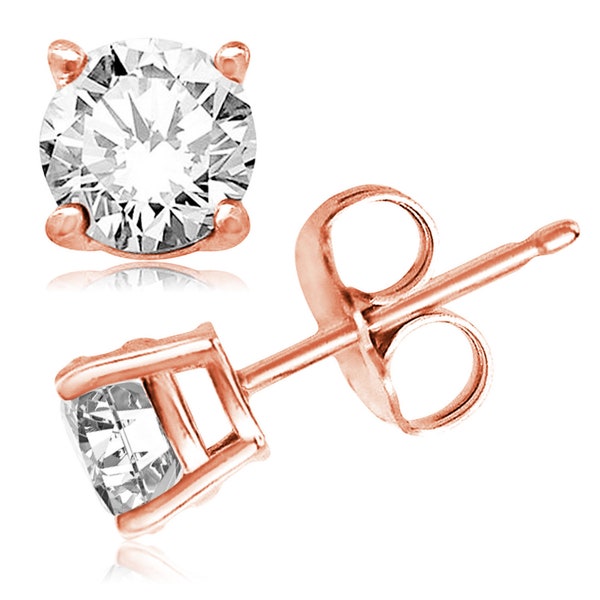 Rose Gold Round Cut Earrings | 925 Sterling Silver Cubic Zirconia CZ Circle Minimalist Classic Solitaire Stud Butterfly Push Back Pair 2-9mm