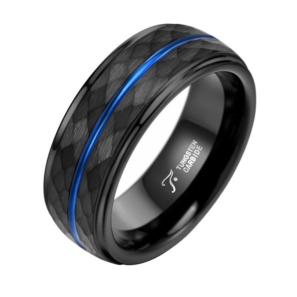 Black Hammered Ring | Free Custom Personalized Engraving Tungsten Carbide Blue Center Groove Mens Couple Engagement Wedding Anniversary Band