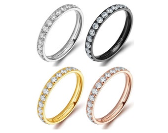 3mm Eternity CZ Ring | Free Custom Personalized Engraving Titanium Cubic Zirconia Dainty Couple Engagement Wedding Anniversary Promise Ring