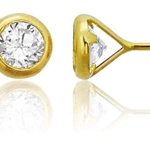 14K Gold Bezel Earrings | Solid Yellow Gold Minimalist Round Princess Heart CZ Cubic Zirconia Screw Back Stud Earrings Pair  ~ 3-6 mm