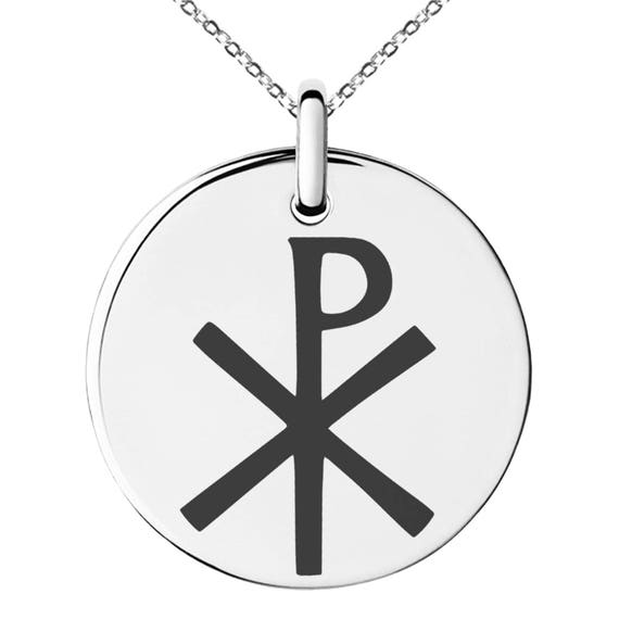 Stainless Steel Chi Rho Symbol Engraved Small Medallion Circle Charm Pendant Necklace Silver Black Rose Gold - Chi Rho Pendant Gold Stainless Steel Chi Rho Symbol Engraved Small Medallion Circle Charm Pendant Necklace Silver Black Rose Gold - Chi Rho Pendant Gold