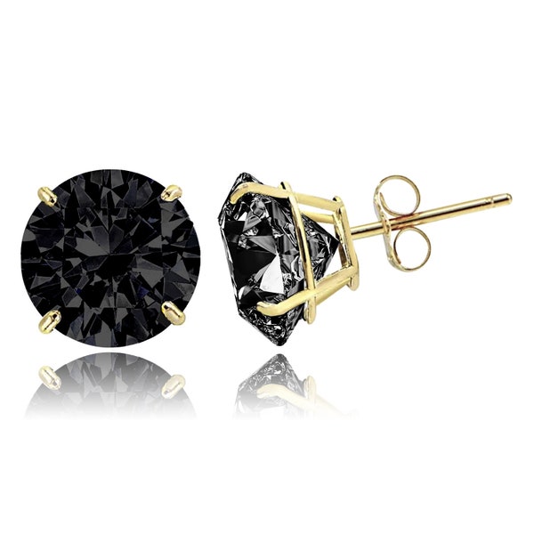 Gold Earrings With Black Round CZ | 14K Solid Yellow Gold Minimalist Classic Solitaire Circle Cubic Zirconia Stud Push Back Screw Back Pair