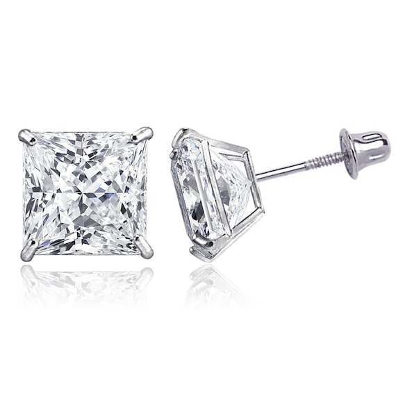 Jewel Tie Solid 14K White Gold Cubic Zirconia CZ 7mm Princess Basket Stud Earrings With Screw Back Jewel Tie Solid 14K White Gold Cubic Zirconia CZ 7mm Princess Basket Stud Earrings With Screw Back