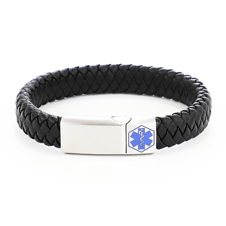 Medical Alert Leather Bracelet Free Custom Personalized Engraving Jewelry Emergency Contact SOS Medic ID Name Waterproof Unisex Black + Steel (Blue)
