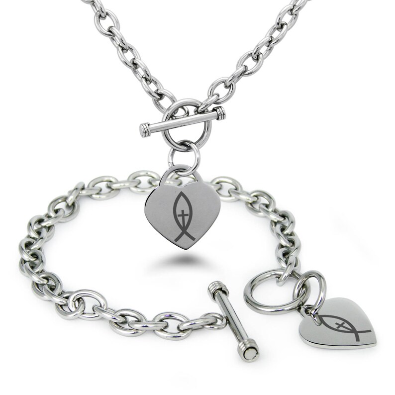 Stainless Steel Vertical Ichthus Cross Fish Symbol Heart Charm Toggle Bracelet /& Necklace Set Silver Rose Gold
